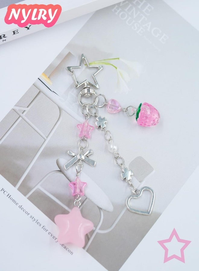 nylry Cute Keychain Y2K Bag Charms for Handbags Aesthetic Kawaii Keychain Purse Charms Sun Moon Strawberry Bow Star Novelty Keychains Accessories for Women Cute Bag Purse Accessories Gifts-pink - Image 2